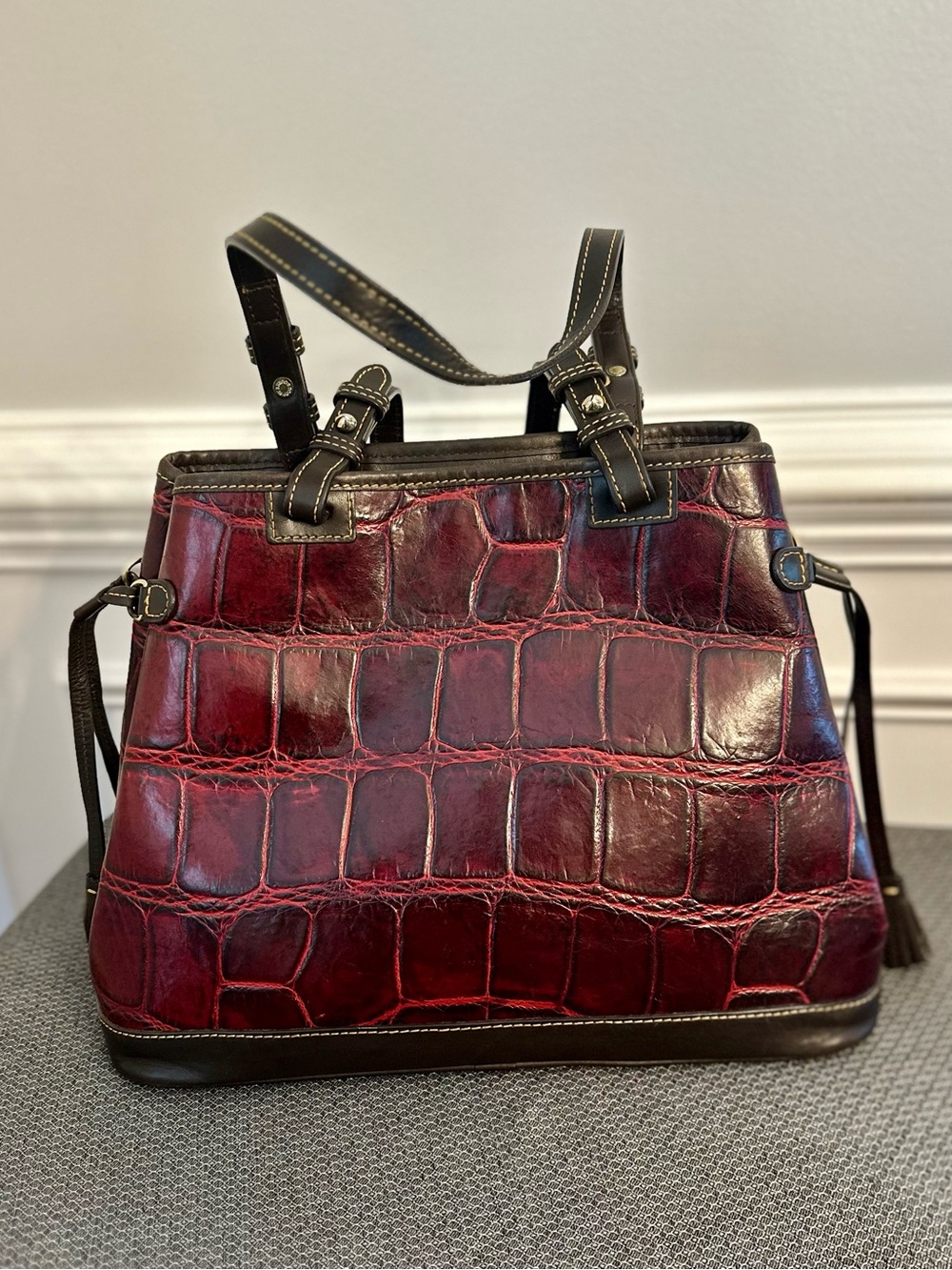 Dooney & Bourke Burgundy Croc-Embossed Leather Shoulder Bag with Coin Pouch - Picture 4 of 8